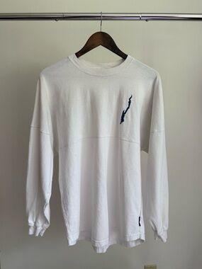White Long Sleeve Crewneck Shirt with Navy Logo Accent